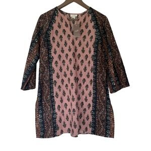 NEW Pure Jill Womens Sz XS Tunic Top‎ Pink Folkloric Stamped V-Neck Boho Global